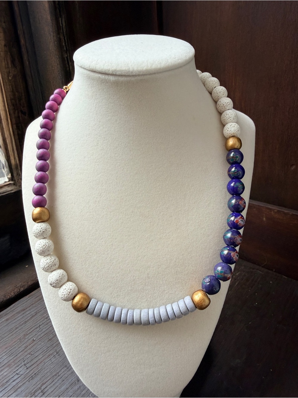 Handcrafted painted Purple, White & Gold lava stone Beaded Necklace